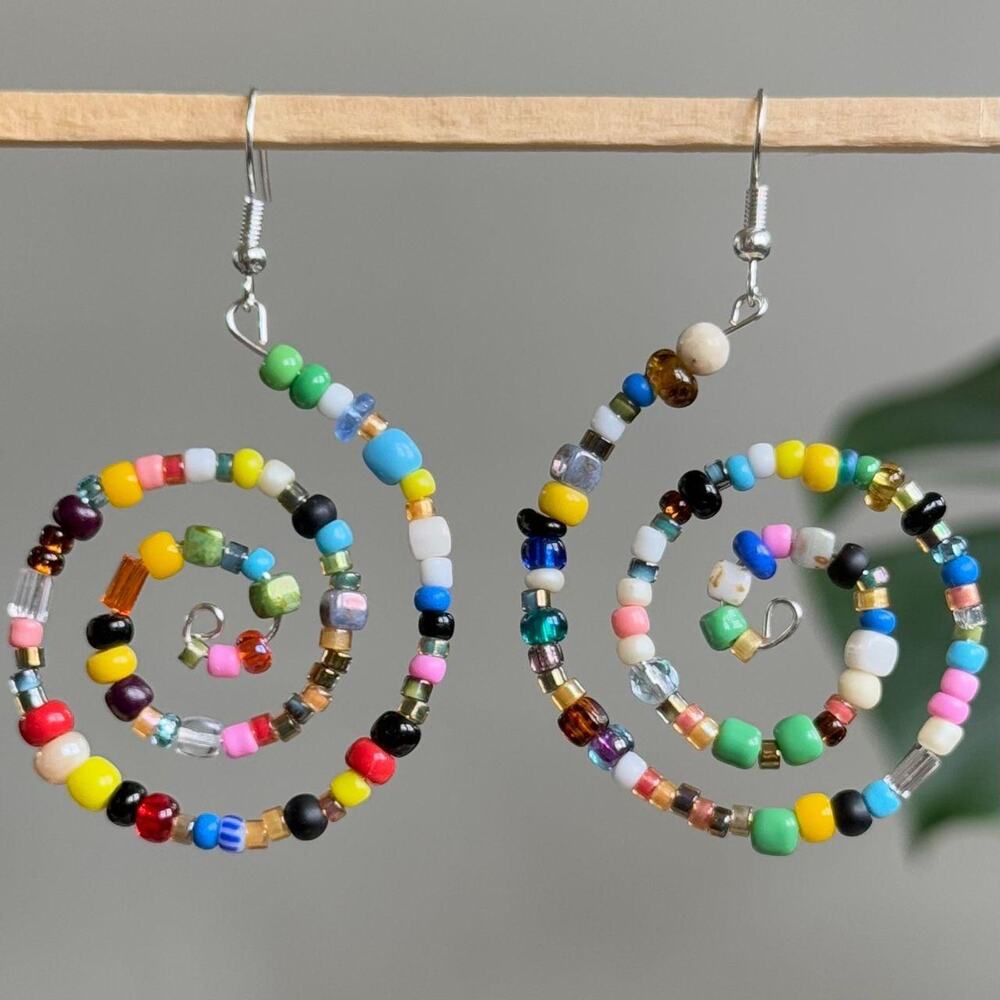 Handmade colorful beaded spiral earrings